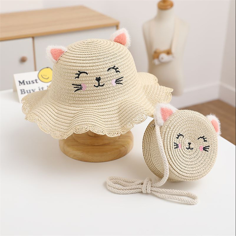 Cat embroidered wavy edge straw hat-beige
