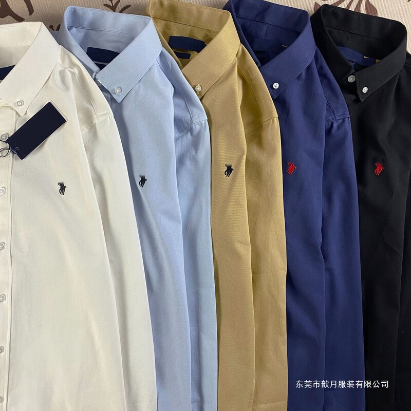 Raff Polo Logo Embroidered Long-Sleeved Shirt Men's Casual American Style Pure Cotton Classic Couple Shirt