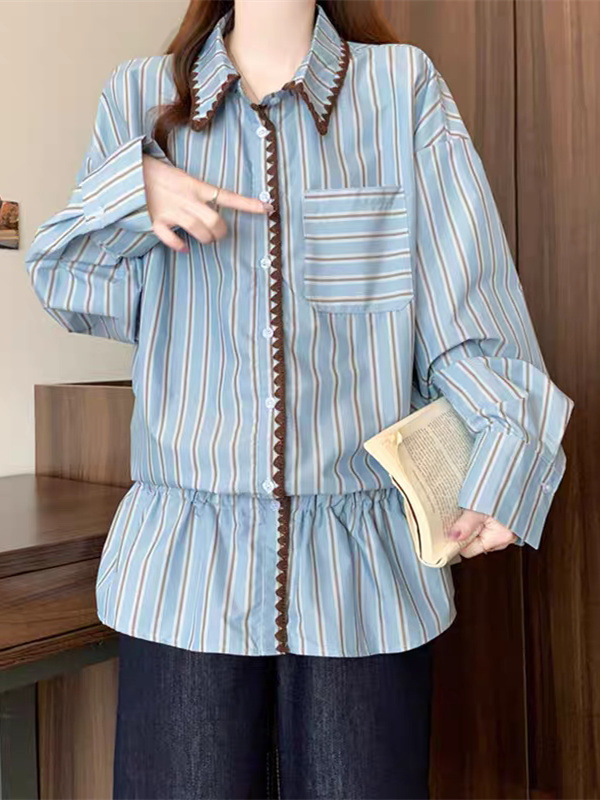 2025新款设计感撞色条纹长袖衬衫女装秋季小众休闲宽松POLO领上衣|undefined