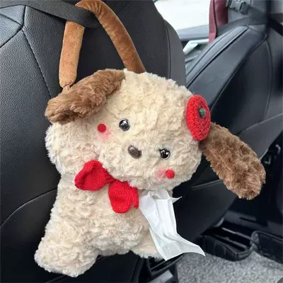 Car tissue box/set Brown Dog Car Tissue Hanging - red-hat-scarf-dog-tissue-bag