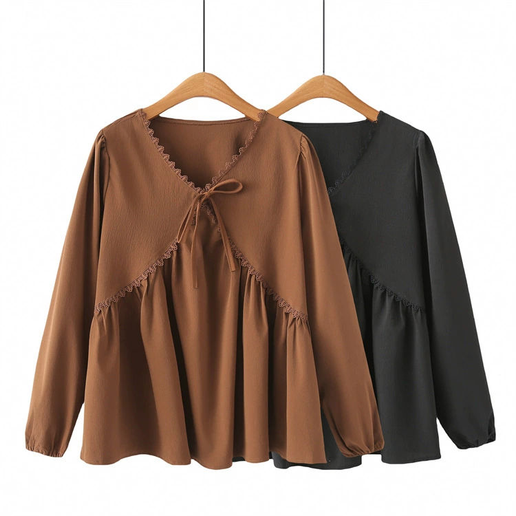 Весна 2024, новый топ больших размеров, модная облегающая кукольная рубашка на шнуровке с V-образным вырезом и свободной корой для девочек 2102