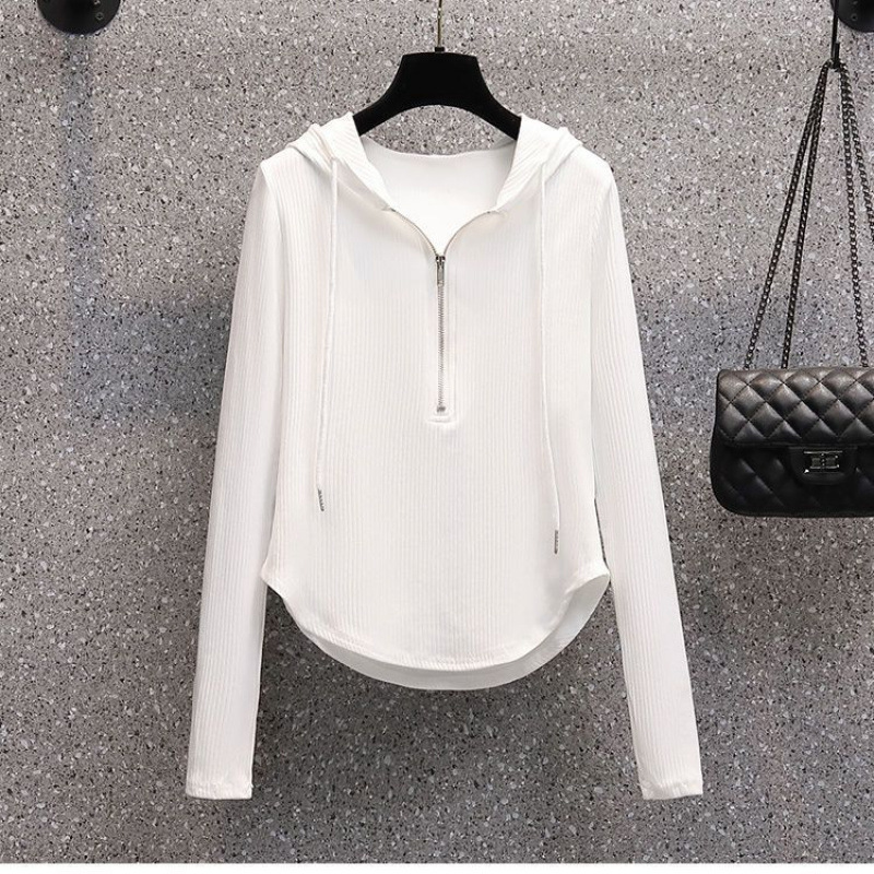 하프 오픈 칼라 지퍼 롱 슬리브 후드 탑 여성용 가을 새 반바지 스웨트 셔츠 플러스 사이즈 통통녀 배꼽 티셔츠