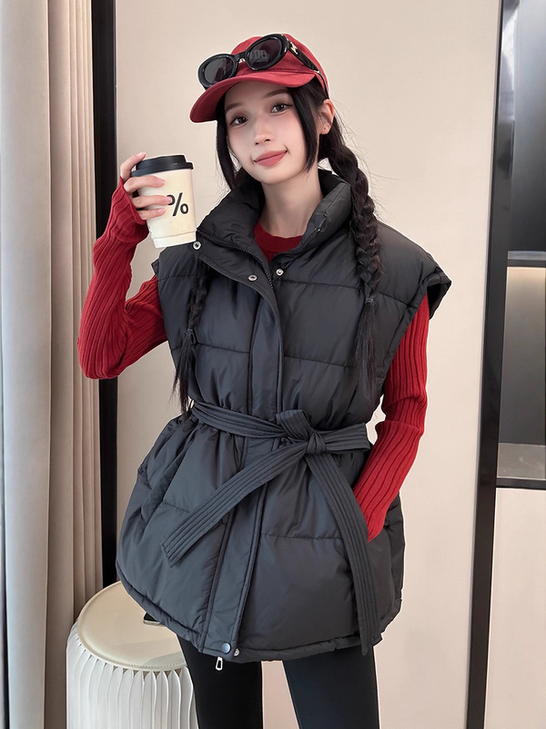 中长款马甲女秋冬新款2025年韩版宽松有腰带立领女式马夹背心外套|undefined