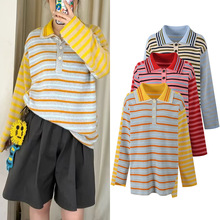 2025秋季新款小众设计感撞色条纹POLO领休闲宽松百搭针织上衣