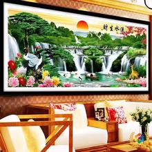 ≈流水生财迎客松十字绣成品聚宝盆新款满绣客厅山水画纯手工绣好