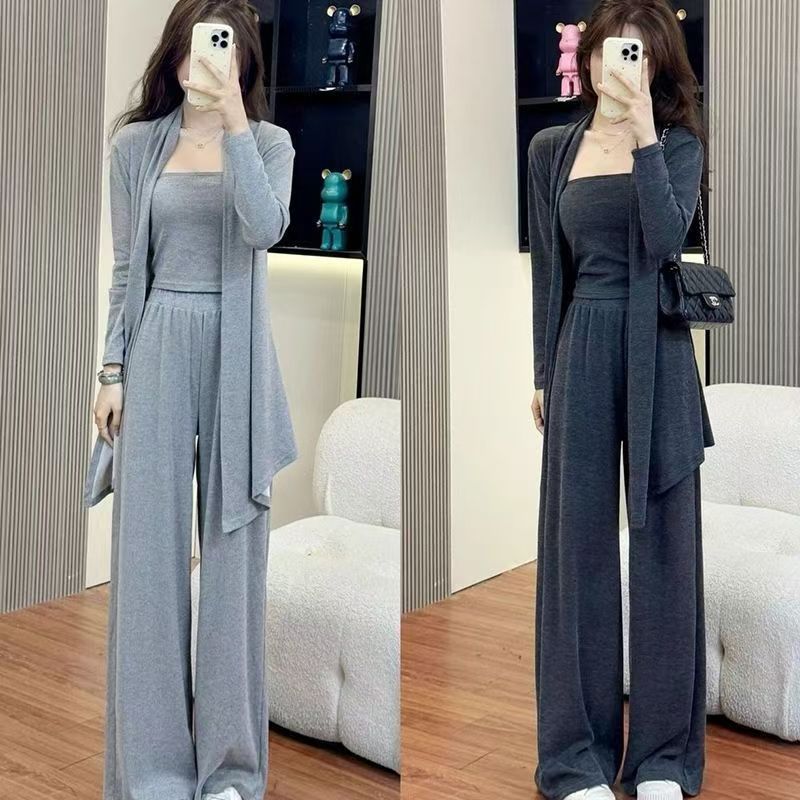 A Complete Set of Early Autumn Women's Clothing, Age-Reducing Cardigan, Tube Top, Wide-Leg Pants, Three-Piece Set, Lazy Style Sports and Leisure Suit