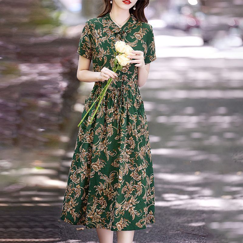 棉麻连衣裙女中长款夏季新款娃娃领减龄休闲宽松大摆裙印花裙子|undefined