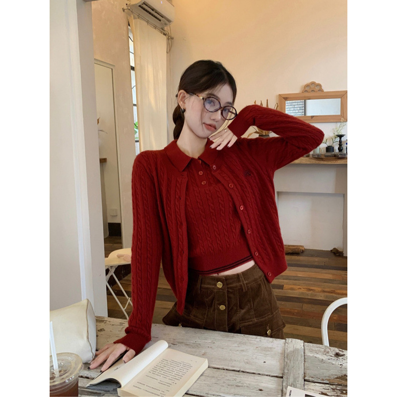 Twist Knit Sweater for Women, Autumn Vintage Embroidered Polo Collar Knit Top Short Sleeve + Long Sleeve Knit Cardigan Set