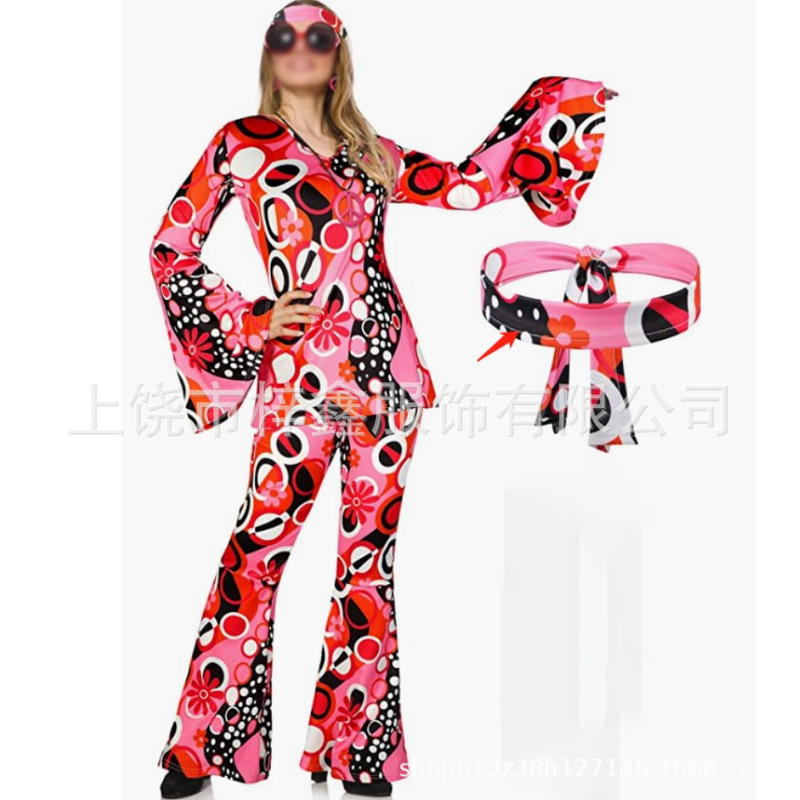 2026 Amazon Halloween Cross-Border European and American Women's Clothing Printed Top Hip-Hop Style Bell-Bottom Pants Set + Headscarf