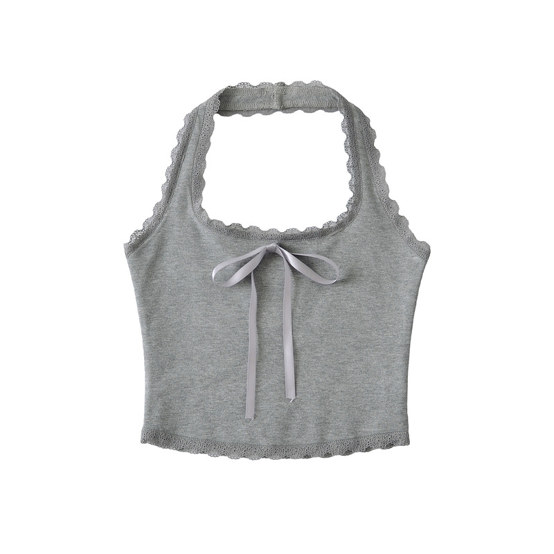 Pure Lust Hot Girl Sexy Bow-Decorated Sleeveless Top for Women 2025 High-Waisted Navel-Baring Lace Halterneck Camisole