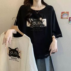 夏季新款300斤大码蕾丝钩花胖mm宽松显遮肚休闲五分短袖上衣女