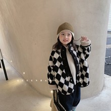 韓版冬季兒童外套女寶加絨單排扣格子棉衣寶寶加厚棉襖男童毛毛衣