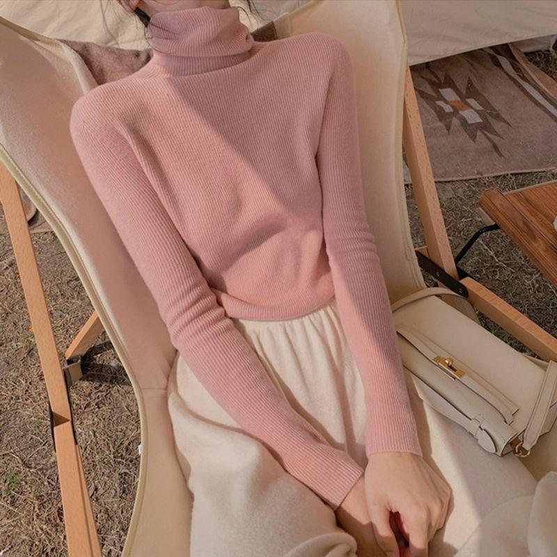 Pile collar bottoming shirt for women autumn and winter western style high-grade inner high collar sweater solid color soft glutinous pink sweater