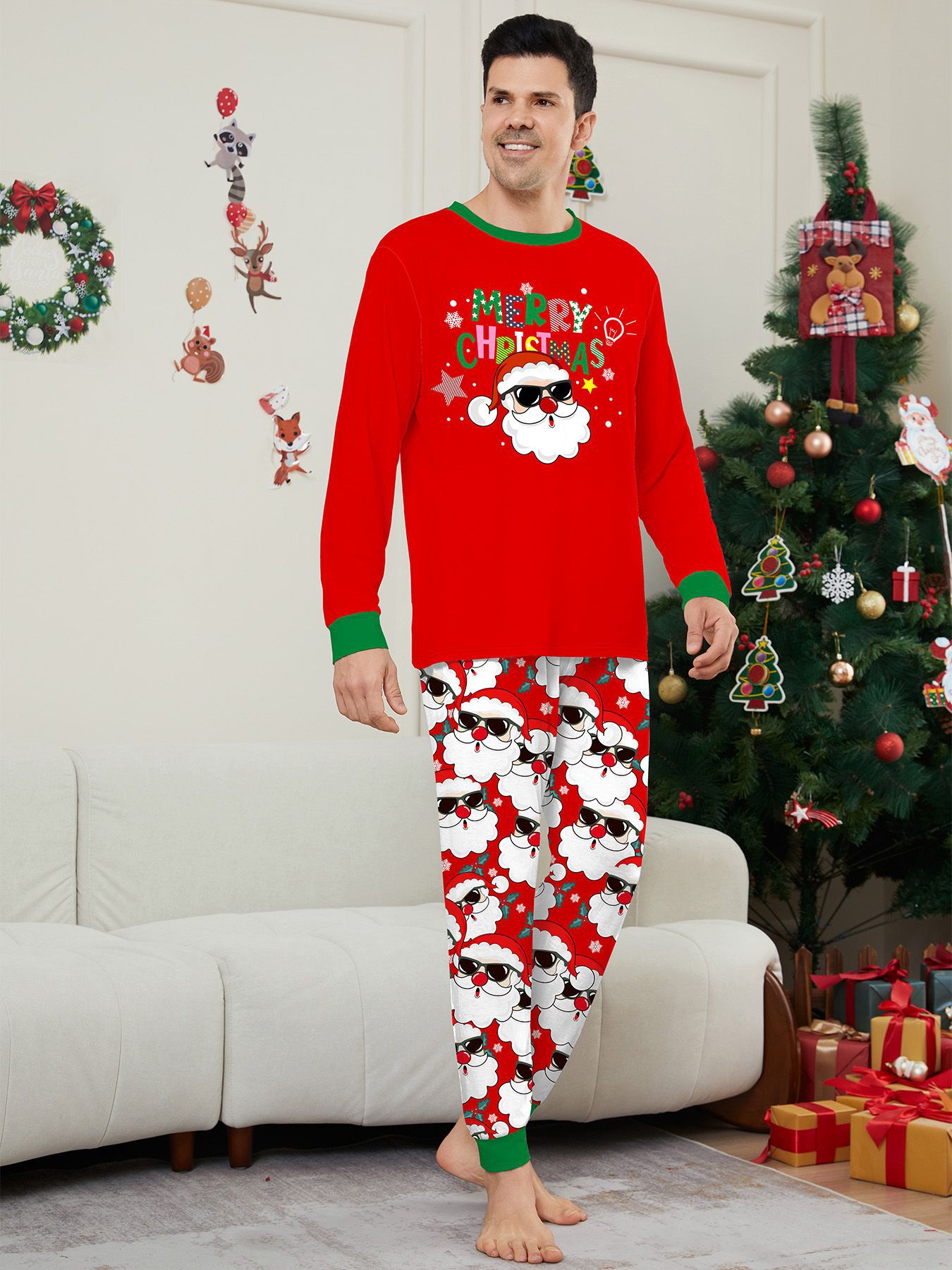 Christmas MerryChristmas family set a family of three or four white beard Santa Claus printed suit_voghion.com