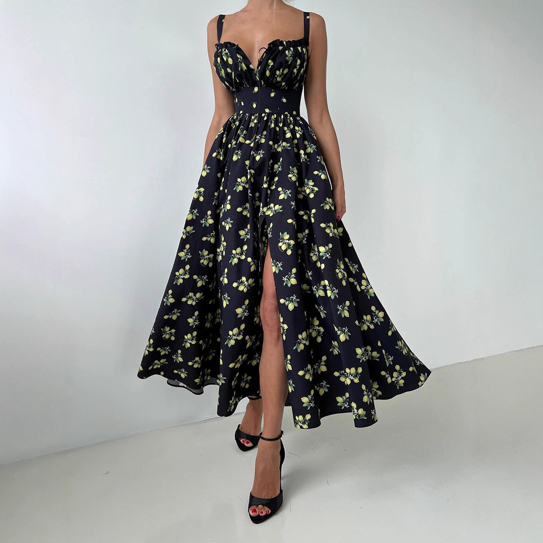 Cross-Border Floral Strap European And American 2025 Summer New Low Neck Tie Slit High Waist Printed Dress_ecoleips.com