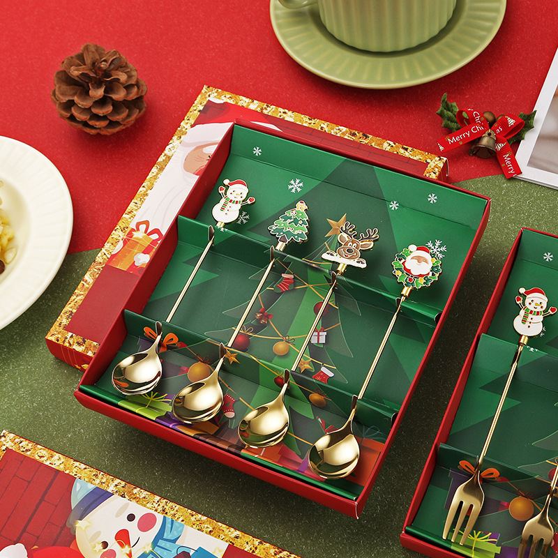 クロスボーダー新しいクリエイティブクリスマススプーン 304 ステンレス鋼クリスマス食器漫画クリスマスギフトボックスセットスプーンとフォーク|undefined