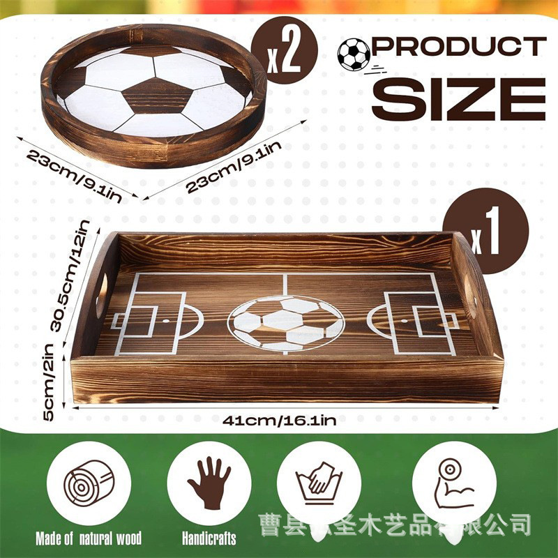 Plato de madera con forma de fútbol, fiesta, plato de comida cocinada, plato de bocadillos redondo cuadrado de madera con mango