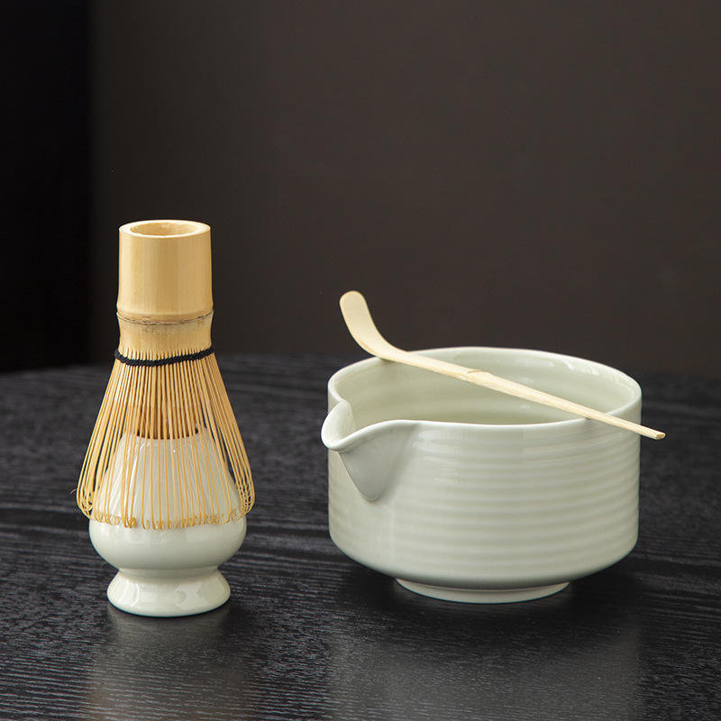 Juego de cuatro piezas de ceremonia del té de matcha, jaula de té de Baiben, tazón de té de pie, juego completo de combinación japonesa, té de punto, accesorios de jaula de té