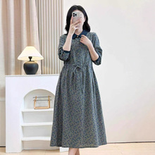文艺翻领棉麻连衣裙女秋季新款复古碎花裙显瘦系带收腰中长裙批发