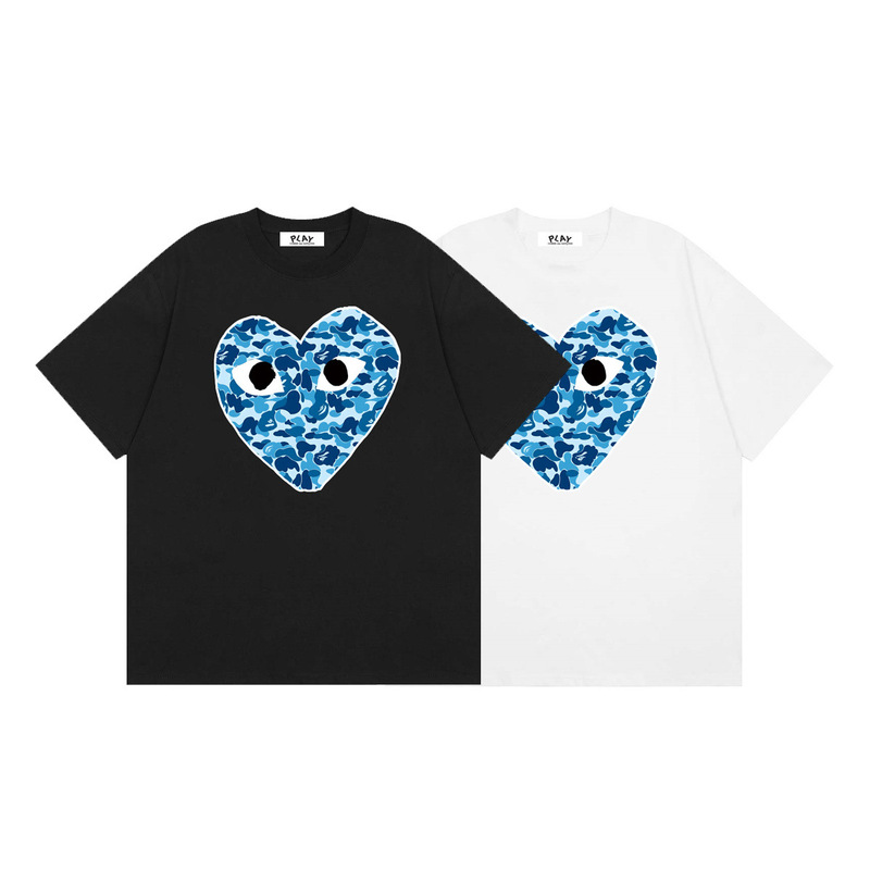 Comme Des Garcons Rei Kawakubo Bape Blue Joint Heart Print Summer Short-Sleeved T-Shirt Comme Des Garcons Rei Kawakubo Bape Blue Joint Heart Print Summer Short-Sleeved T-Shirt
