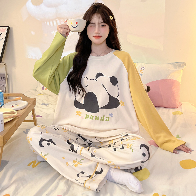 CARTO 카드 PIBALA COTTON PAJAMAS 여성의 가을 크루 넥 긴팔 바지 귀여운 패린 자식 홈 의류 세트