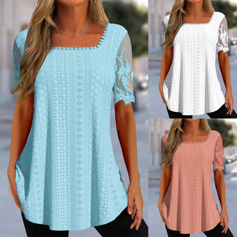 2023 Summer New Short-sleeved T-shirt European and American Women's Top Loose Casual Lace Crochet U-collar Amazon s