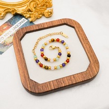 新中式民族风彩色天然石拼接不锈钢圆珠手串镀18k金轻奢百搭手链