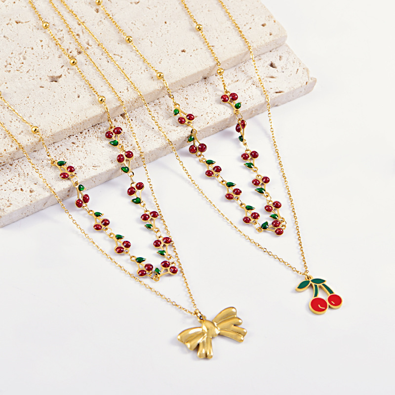 Women's Gender Sweet Style PVD Coated Real Gold Plated Cherry Bow Knot Stainless Steel Sweet Waterproof Non Tarnish Titanium Steel Double Layer Necklaces