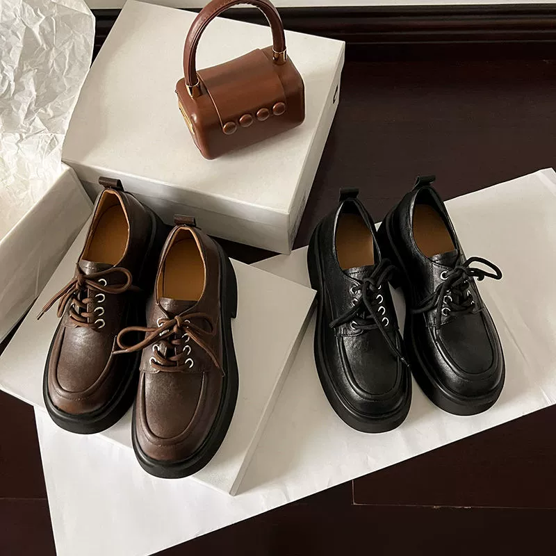 Маленькие толстые каблуки ретро одиночные туфли женский 2025 новый английский стиль кожаные шнурки jk маленькие кожаные туфли Lefu