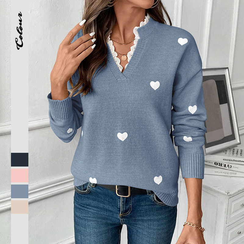 【Baifen Clothing】Amazon's Best-Selling Autumn and Winter Sweet Style European and American Cross-Border Lace V-Neck Heart-Pattern Sweater for Women 【Baifen Clothing】Amazon's Best-Selling Autumn and Winter Sweet Style European and American Cross-Border Lace V-Neck Heart-Pattern Sweater for Women