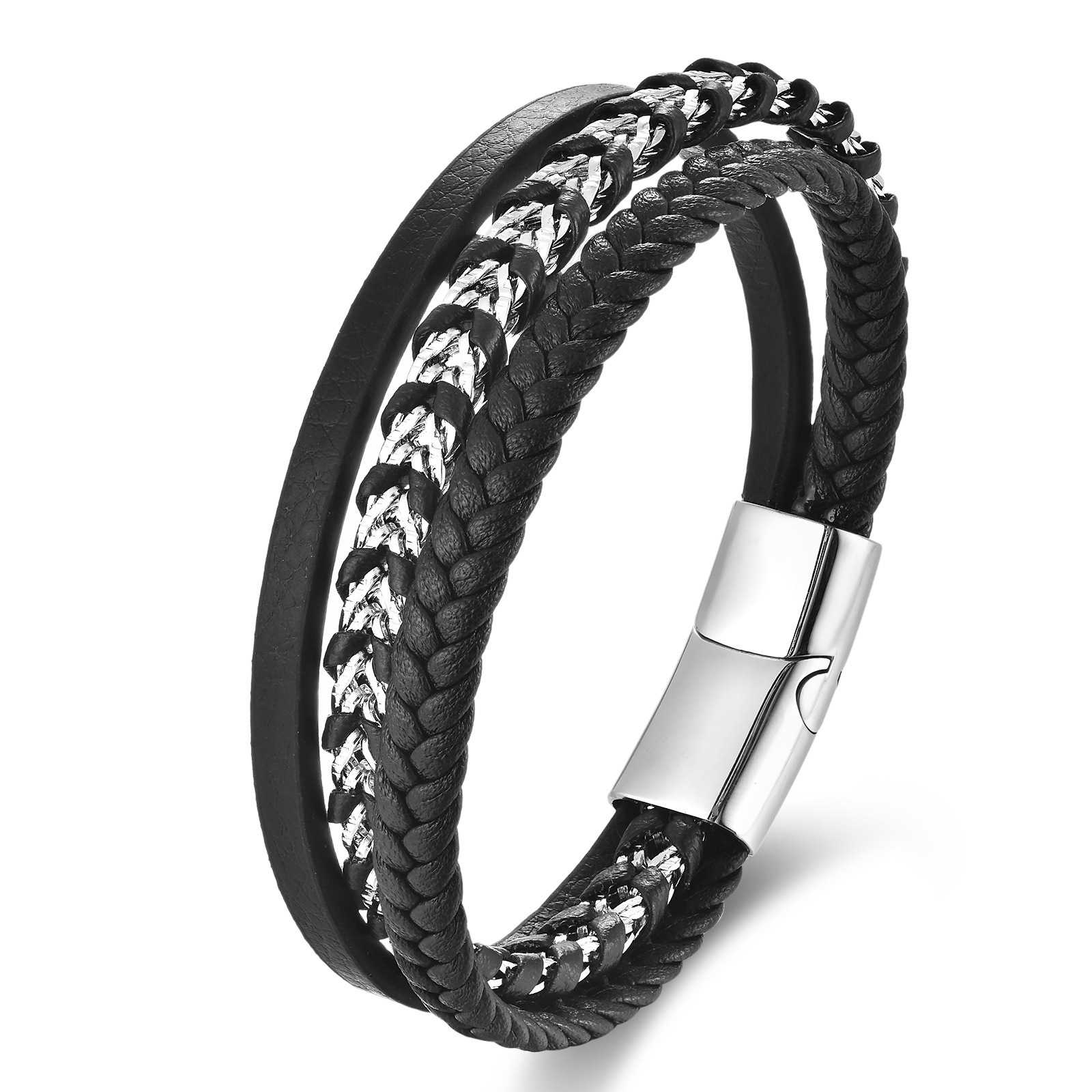 Leather Rope Chain Material Retro Punk 316L Stainless Steel Pu Leather Geometric Woven Chain Men Cord & Leather Bracelets