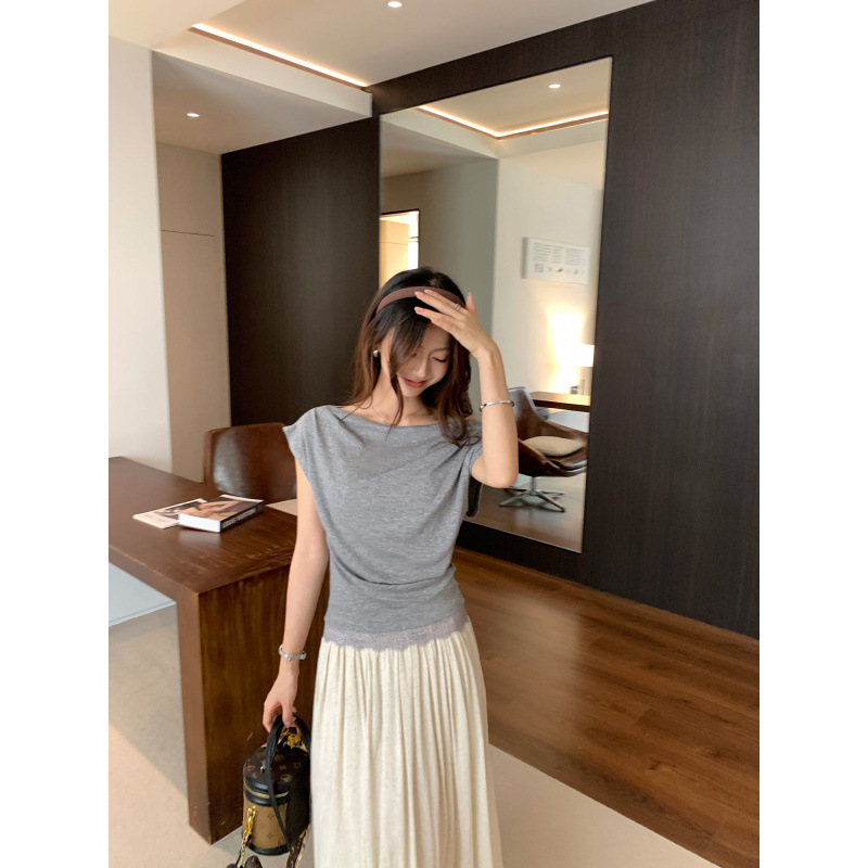 Korean Style New Lyocell Tencel Wool Lace Trim Off-Shoulder Short-Sleeve T-Shirt Summer Slim-Fit Pure Desire Top Women's Clothing Korean Style New Lyocell Tencel Wool Lace Trim Off-Shoulder Short-Sleeve T-Shirt Summer Slim-Fit Pure Desire Top Women's Clothing