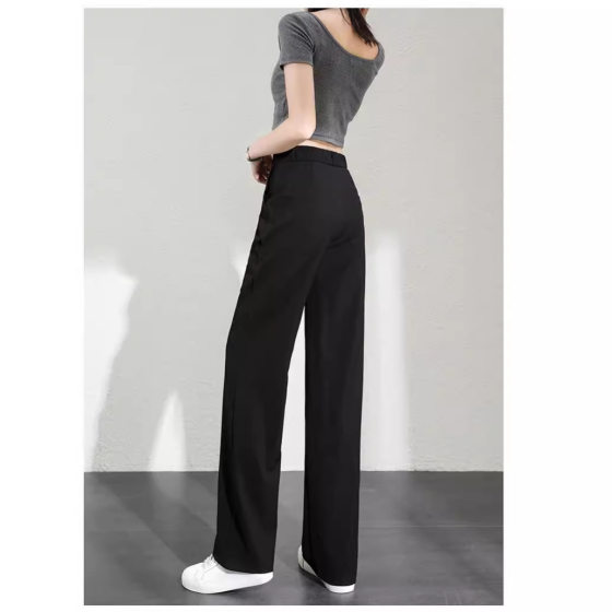 Drapey Western Pants Summer Thin Narrow Pants Women's Ankle-length Wide-leg Pants Fashion Pocket Design Stagger Waist Straight Pants