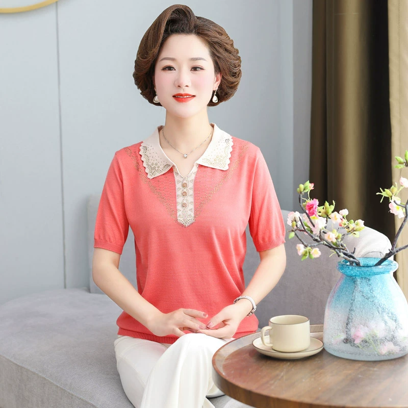 Платье для матери Элегантное летнее платье-футболка из ледяного шелка с короткими рукавами для женщин среднего и пожилого возраста, летний топ в западном стиле, тонкая одежда на День Матери