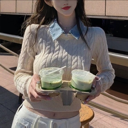 JMSH Miu-style preppy detachable collar faux two-piece cable knit sweater, autumn casual sweater
