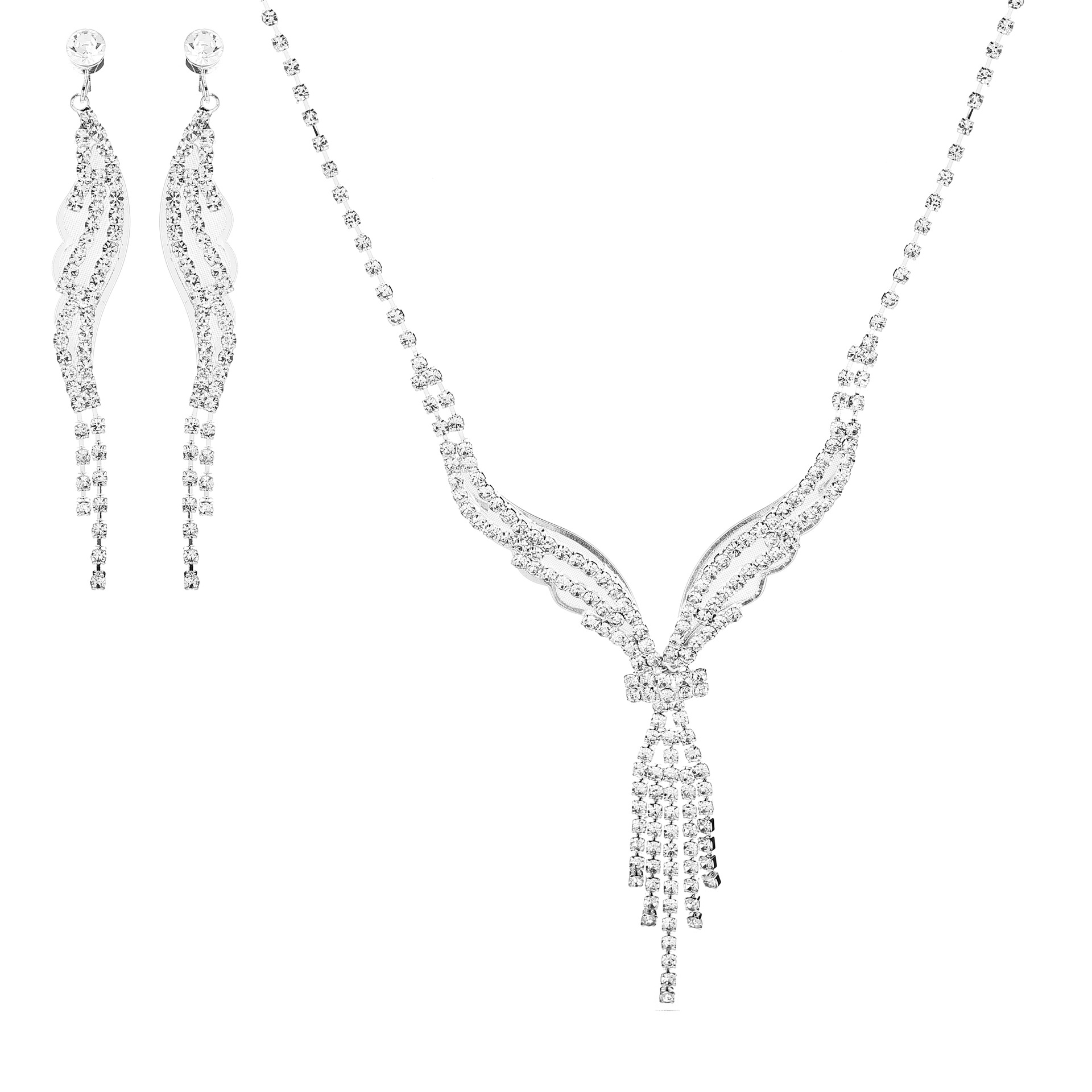 New Bridal Necklace Earrings Jewelry Crystal Pendant Tassel Long Set