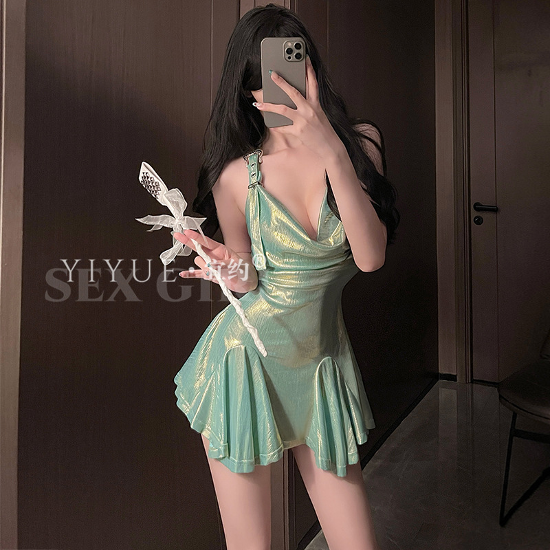 Yiyo Sexy Spice Girls Night Shop 유니폼 원피스 여성용 란제리 금도금 빛나는 목 파자마 세트 8996