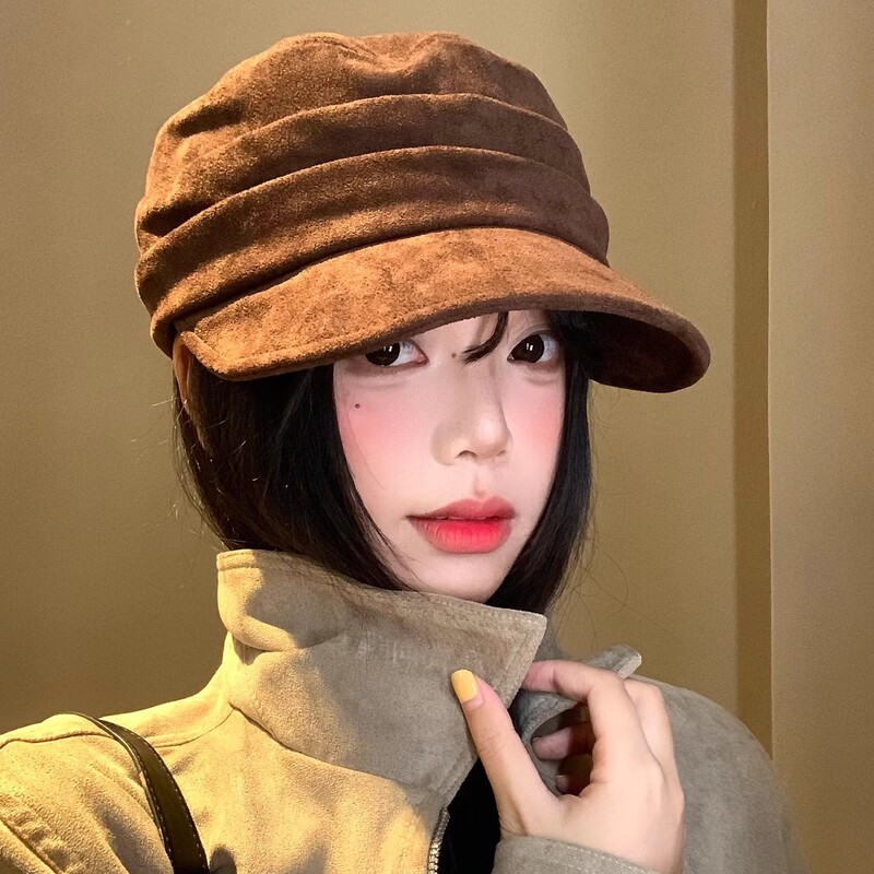 日系麂皮绒平顶贝雷帽女秋冬季新款复古显脸小鸭舌帽百搭八角帽子|undefined