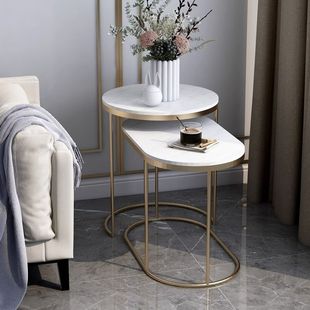 Oval Corner Sofa Side Table Set, Simple Modern Small Coffee Table for Small Apartments with Balcony, Rock Slab