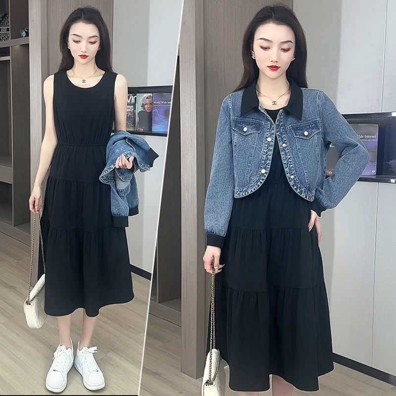 时尚气质套装裙女春秋新款小个子显瘦牛仔短外套连衣裙减龄两件套|undefined