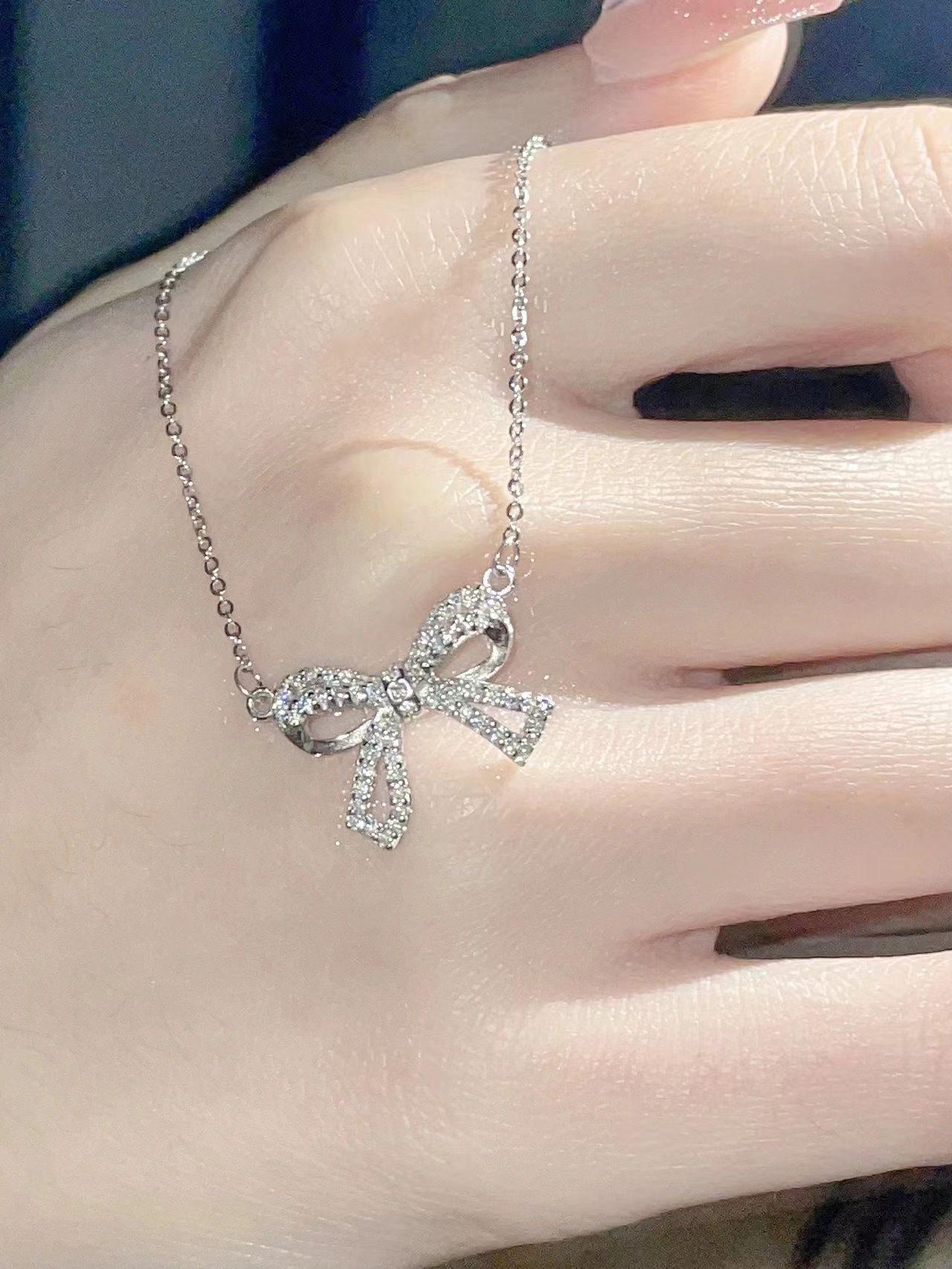 7g Weight Artificial Diamond Inlay Material Pendant Necklace Classification 1 Piece Quantity Daily Occasion Sterling Silver Material Bow Knot Pattern Women's Gender Plating, Inlay Design Sweet Style Sweet Bow Knot Sterling Silver Plating Inlay Artificial Diamond Pendant Necklace