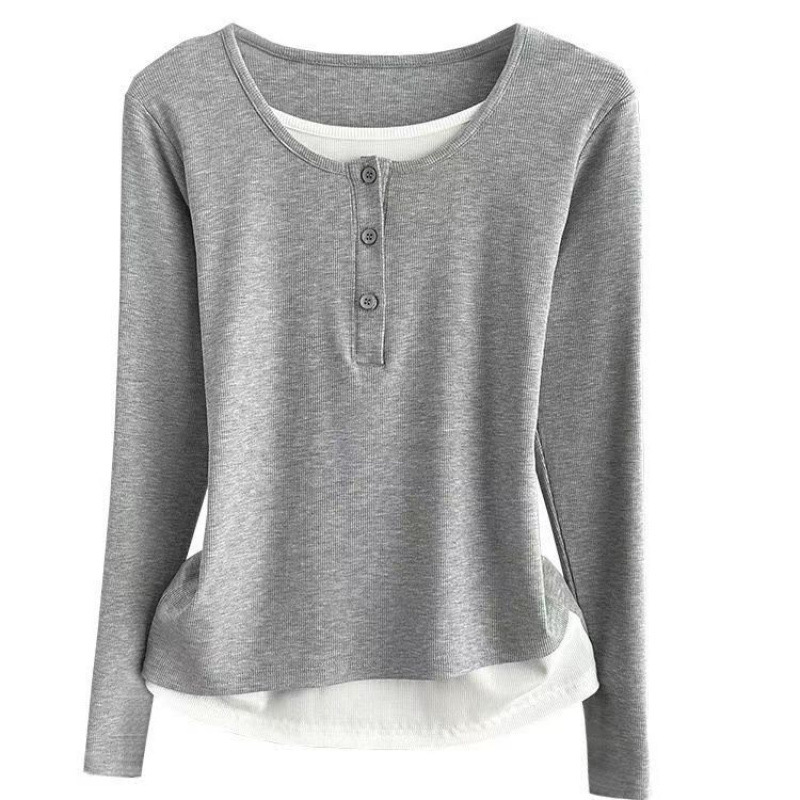 偽の2つの雰囲気感の長袖のtシャツの女性の春秋の新型の修身はやせています。|undefined