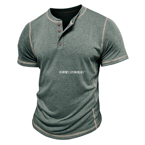Summer European and American-style heavyweight short-sleeved Henley shirt for men, round-neck T-shirt, men's clothing.