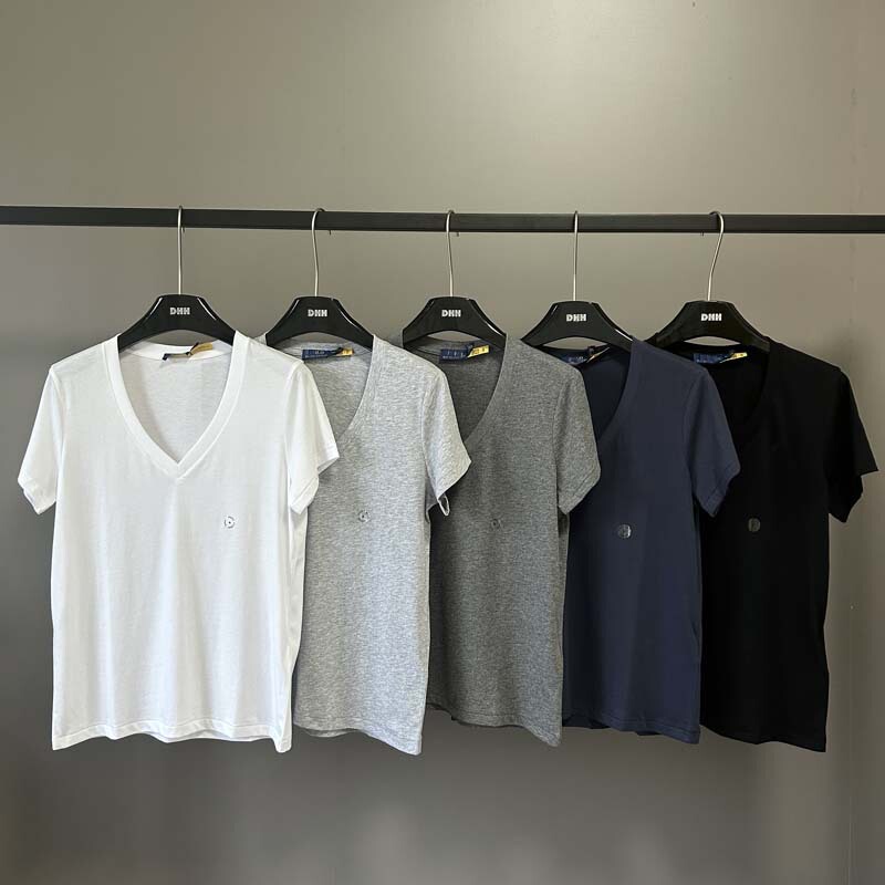 100% Cotton Embroidered V-Neck T-Shirt with Pony Logo, Breathable Women's Top, Pure Desire Style, Casual Versatile Short-Sleeve Inner Wear 100% Cotton Embroidered V-Neck T-Shirt with Pony Logo, Breathable Women's Top, Pure Desire Style, Casual Versatile Short-Sleeve Inner Wear