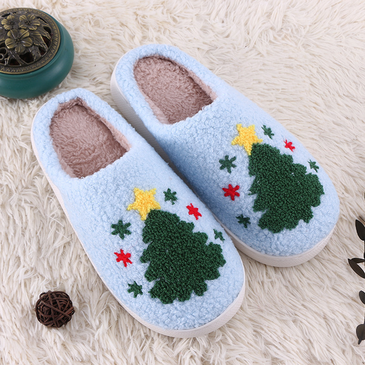 新しい青いクリスマスツリーの家の保温綿のスリッパクリスマスの厚い底のぬいぐるみのスリッパとベルベットの厚い滑り止め|undefined