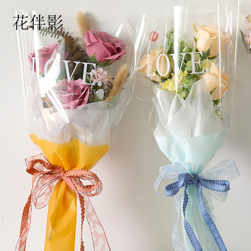 LOVE款全透明鲜花包装袋塑料包花袋玫瑰花束多支袋梯形花艺资材袋
