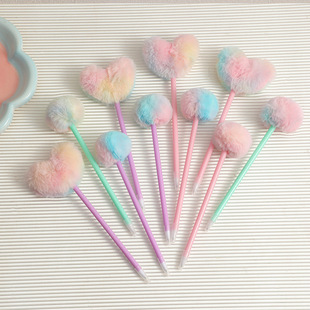 Girl cartoon heart-shaped hair ball Journal pen student creative ballpoint pen children cute stationery plush pen gift pen
