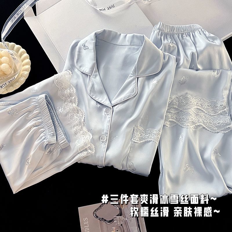 여성을위한 3 피스 잠옷 여름 2025 새로운 얼음 실크 반팔 바지 여름 대형 느슨한 가정 의류 세트