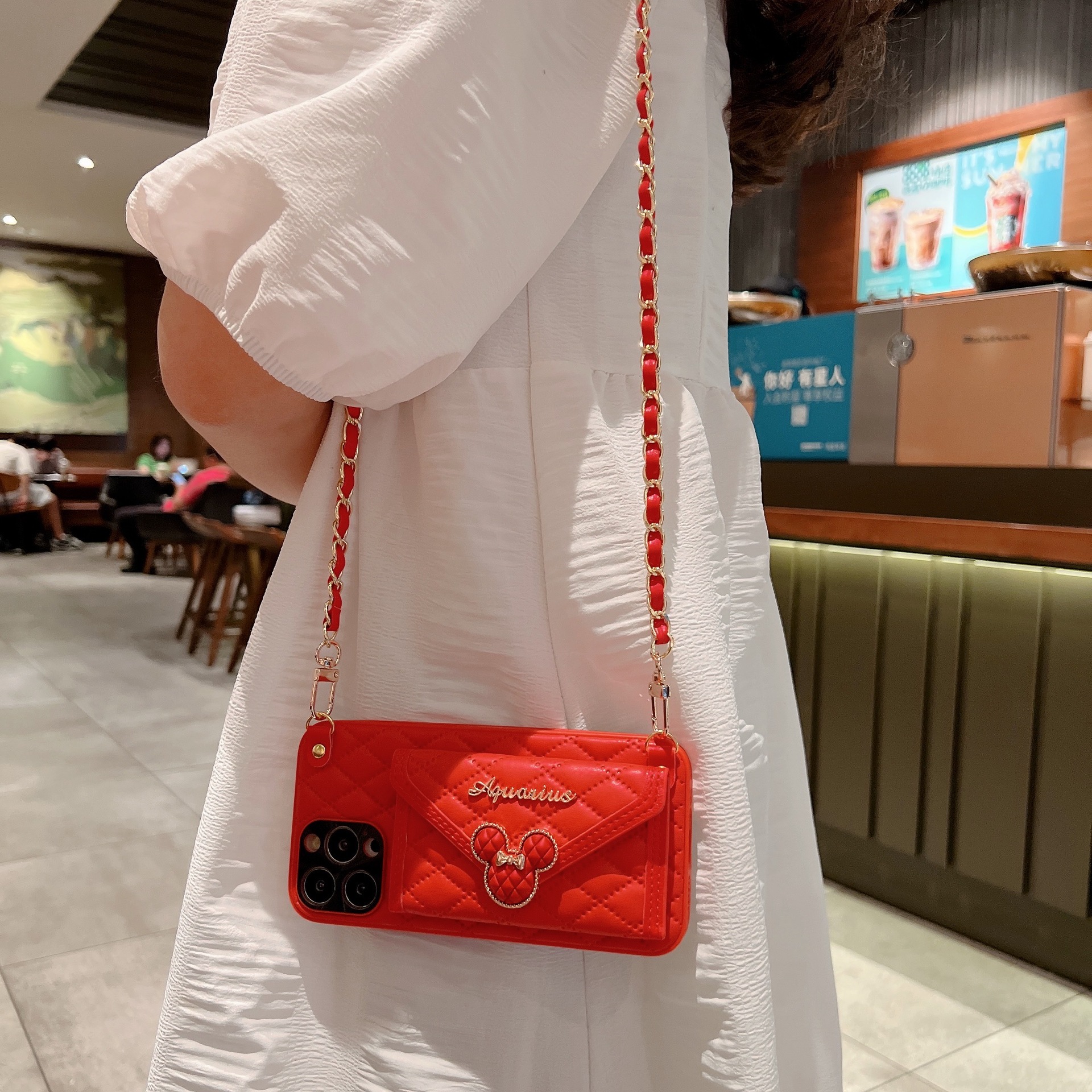 Diagonal hanging card insert suitable for iPhone 13 promax phone case, diamond grid small fragrant wind Apple 12_voghion.com