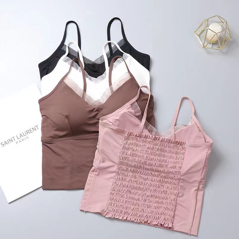 Lace Girl Ice Silk Wood-ear Pleated Beautiful Back Sling Latex Removable Chest Pad Tube Top V-neck Mesh Underwear
